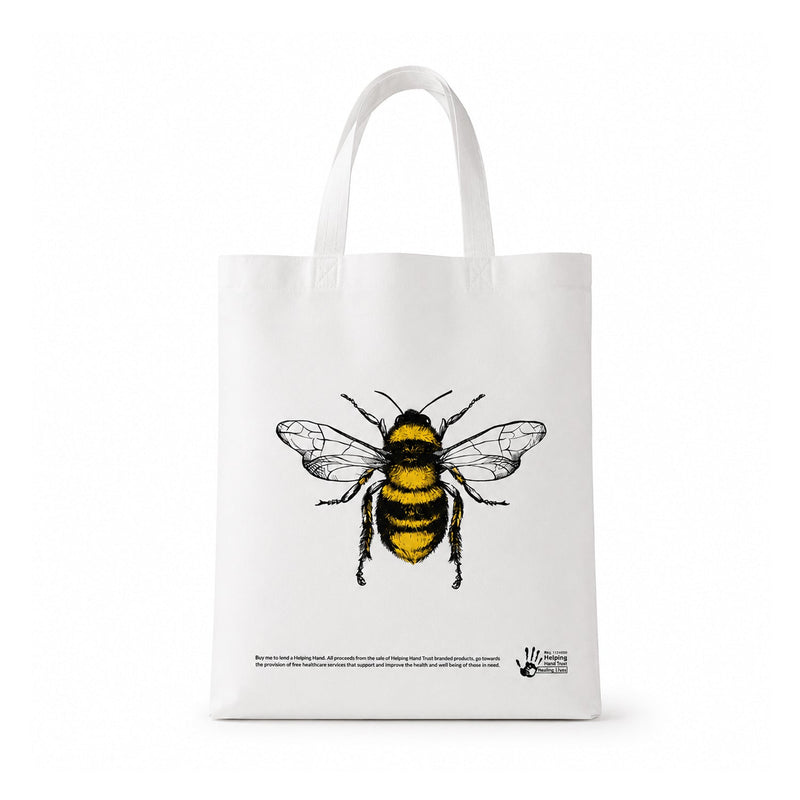 White background close-up of bee print tote bag