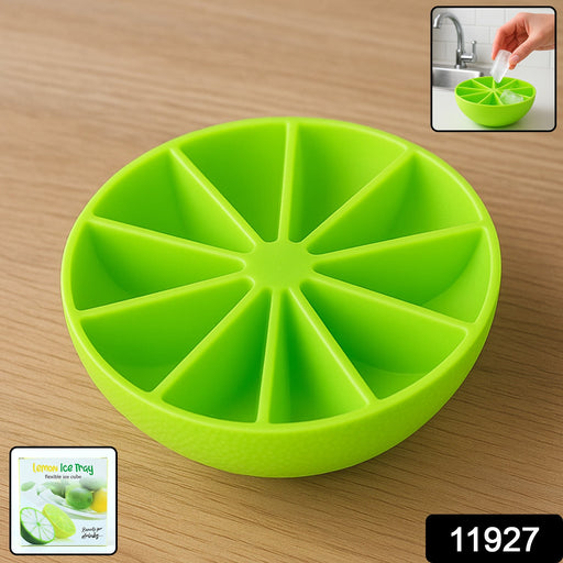 Bright green lemon wedge silicone ice cube tray filled with water ready to freeze