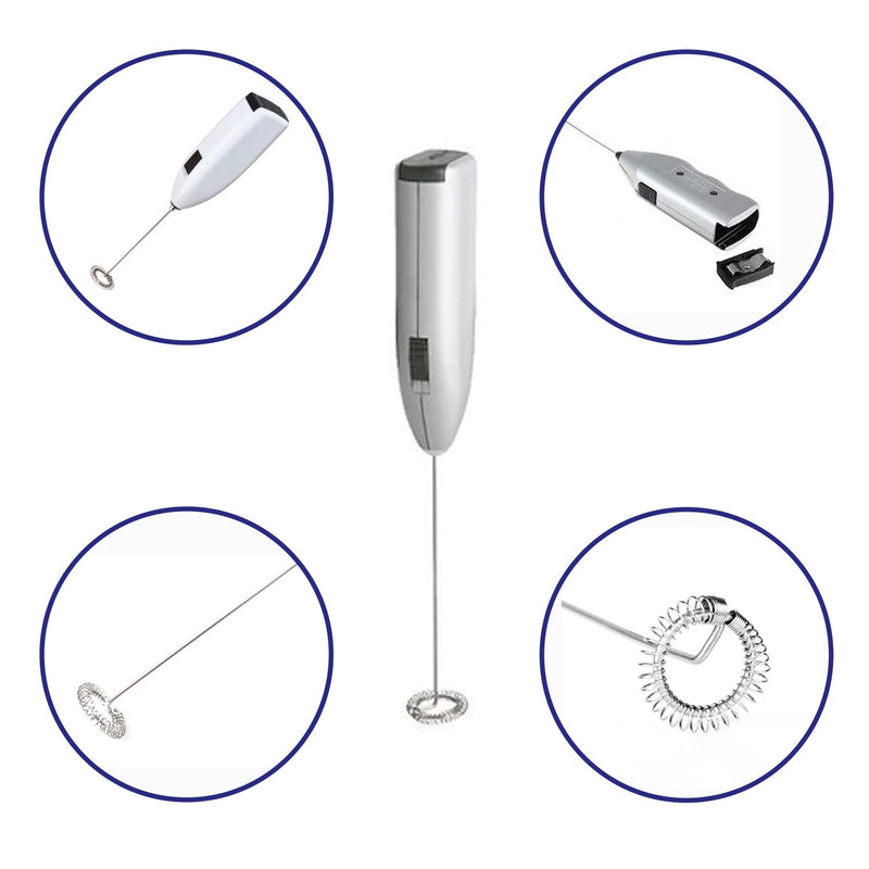 Portable electric milk mixer shown in action, frothing milk.