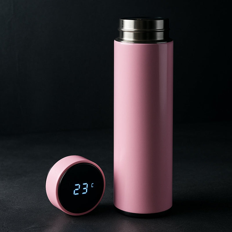 Pink smart vacuum insulated water bottle with LED temperature display