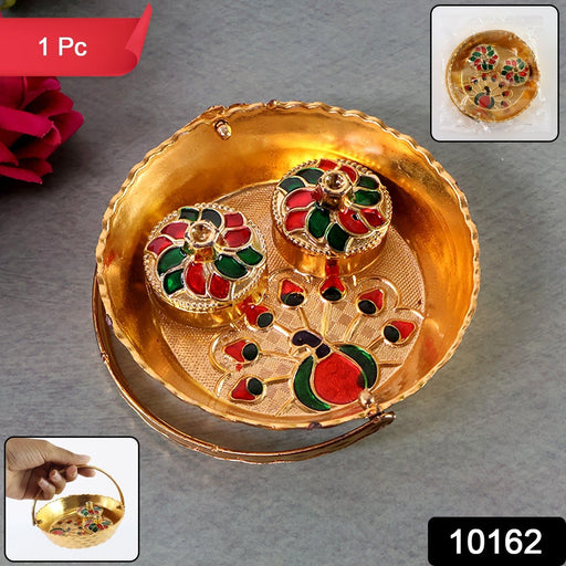 Top-down view of the gold-tone Peacock Meenakari Pooja Tray set.