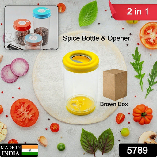 Ergonomic salt dispenser bottle with a press-button lid for convenient one-handed seasoning.