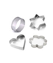 Four stainless steel cookie cutters in heart, star, round, and flower shapes on a white surface.