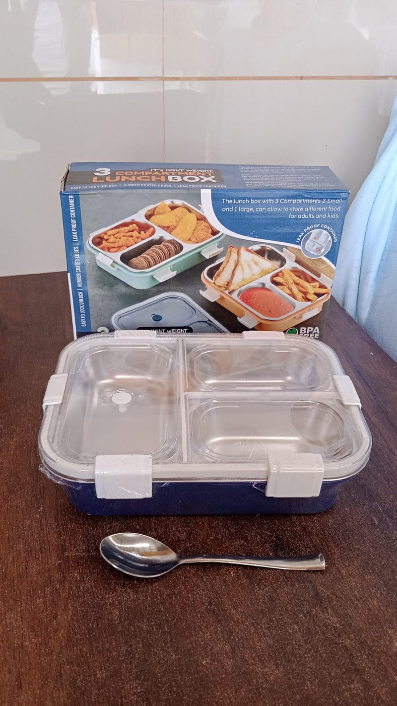 Side view of the compact 3-compartment lunch box, ideal for storage.