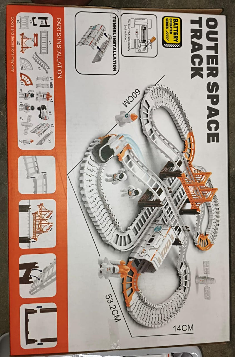Components of the Space Race Track Set laid out for assembly.
