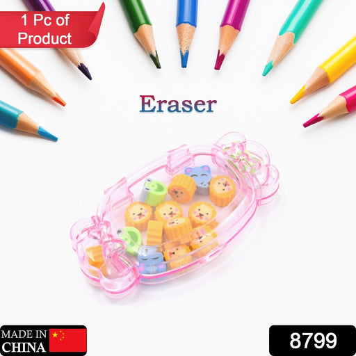 Close-up view of various cute multi-design erasers from the school set.