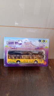 Rear view of die-cast London double decker sightseeing bus toy showing pull-back wheels