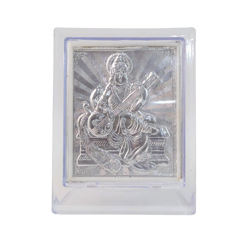 Side profile view of silver Saraswati Maa photo frame showing sturdy stand