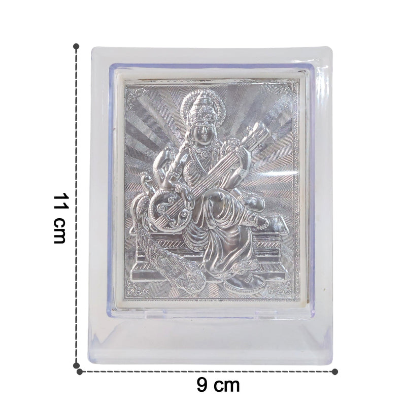 Silver Saraswati Maa photo frame displayed on a flat surface with clear acrylic cover