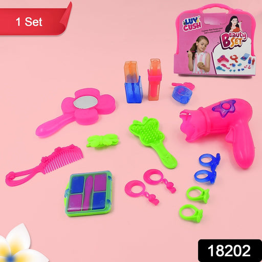 A young girl happily engaging with the pretend play makeup kit, showcasing its various accessories.