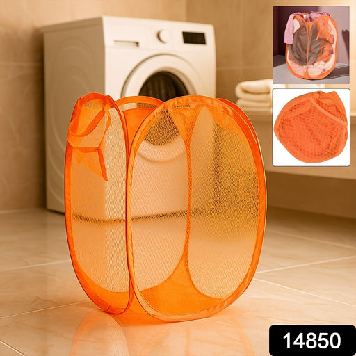 Breathable mesh laundry hamper featuring reinforced carry handles for easy transport