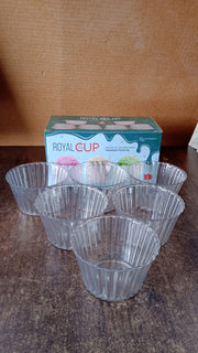 Clear plastic dessert bowls arranged for serving at parties