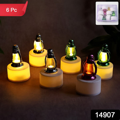 Close-up of decorative LED candle set with colorful lantern tops and flameless LED lights