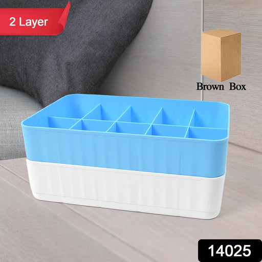Close-up of a compact drawer organiser with individual compartments for socks and undergarments.