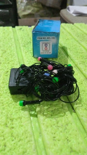 Detailed view of the multi-color LED bulbs on the string lights.