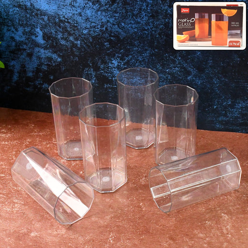 Apex set of six clear unbreakable plastic drinking glasses with faceted design