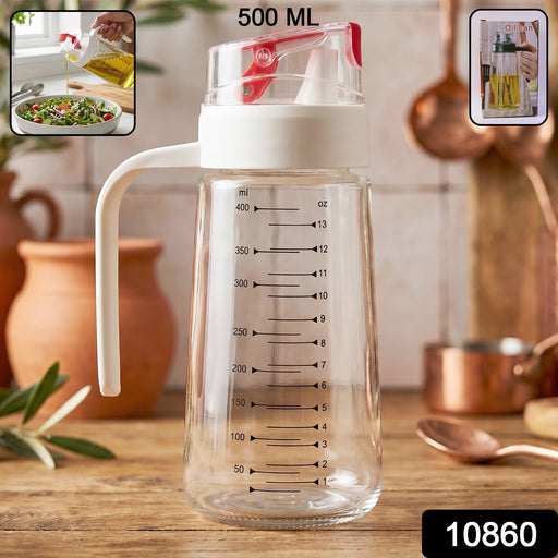 500ml glass oil dispenser with auto-flip cap and measuring markings, ideal for salad dressings and cooking oils