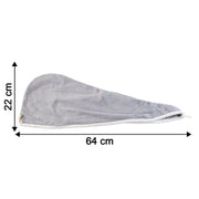 Size chart illustrating the dimensions of the hair drying towel wrap.