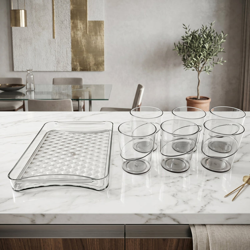 Set of six glasses and tray for home use