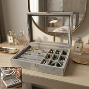 Velvet jewellery organizer box with transparent lid and multiple compartments for jewelry storage