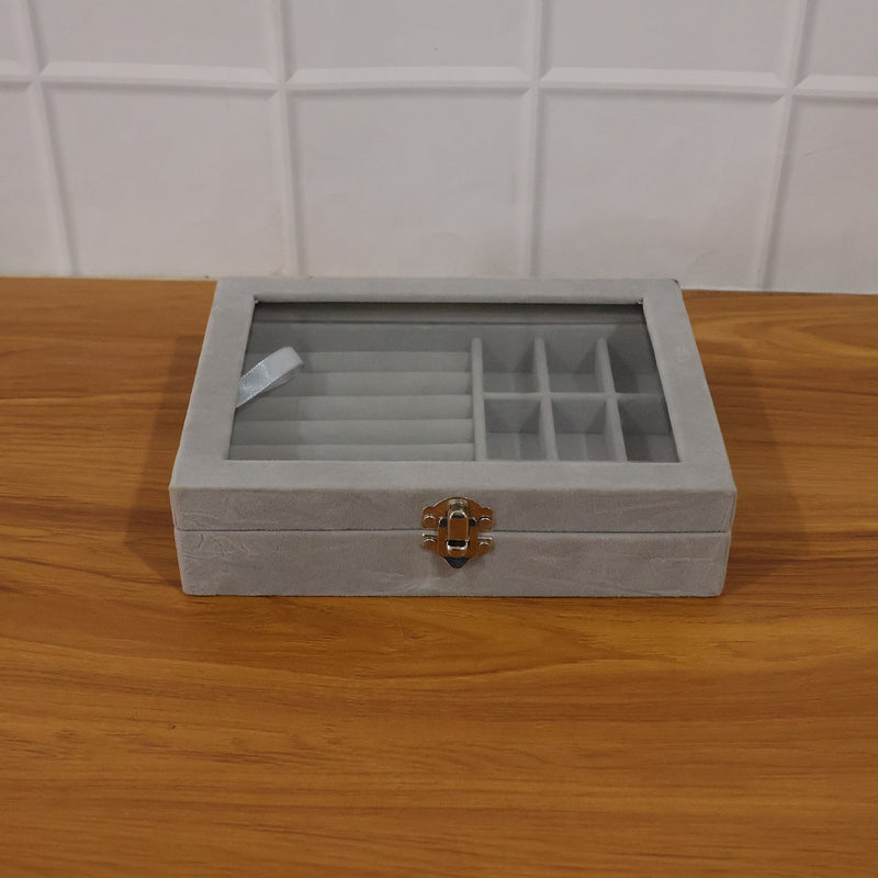 Back view of velvet jewelry organizer with transparent lid