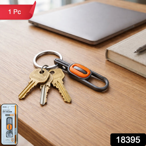 Close-up of durable metal carabiner keychain with key ring