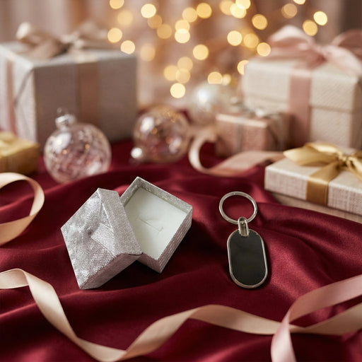 Black silver metal keychain in gift box, stylish key holder