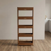 Close-up of multi-tier storage rack with wheels