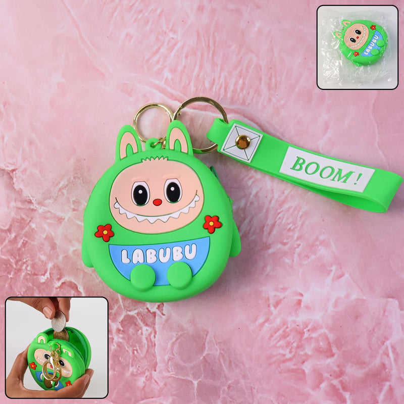 Cartoon coin pouch with keychain and wrist strap in cute character design
