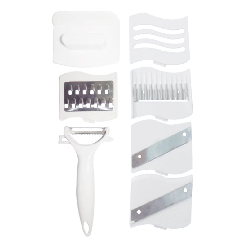 Various slicing and shredding options demonstrated by the 10-in-1 multi-functional vegetable cutter.