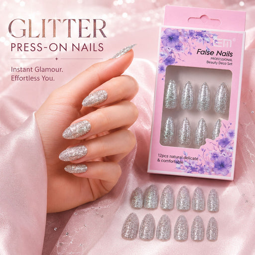 Set of glitter press-on false nails with mixed colors and designs enhancing style