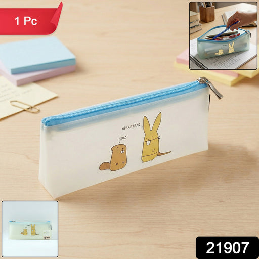 Close-up of waterproof zipper on stylish transparent pencil pouch with cartoon print