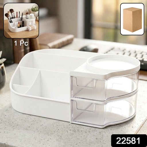 White makeup storage organizer on vanity table