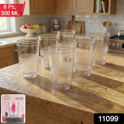 Six transparent Janta glasses on kitchen counter suitable for water and juice