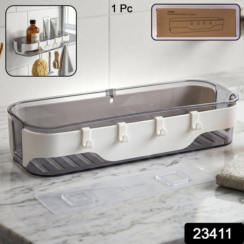 Clear plastic wall shelf with hooks, ideal for organizing bathroom essentials