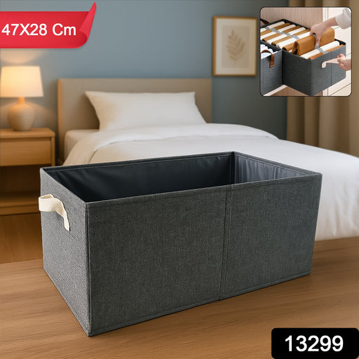 View of the foldable storage box highlighting its sturdy side handle.