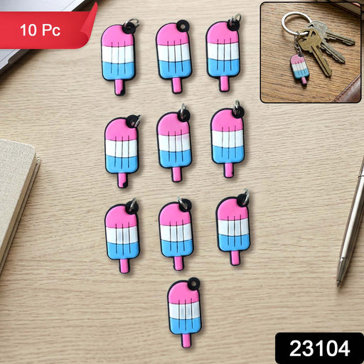 Display of vibrant ice cream keychain set as bag charms