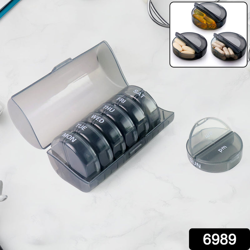 Top-down view of the FERVENT 7-day pill organizer showing all compartments and dimensions.