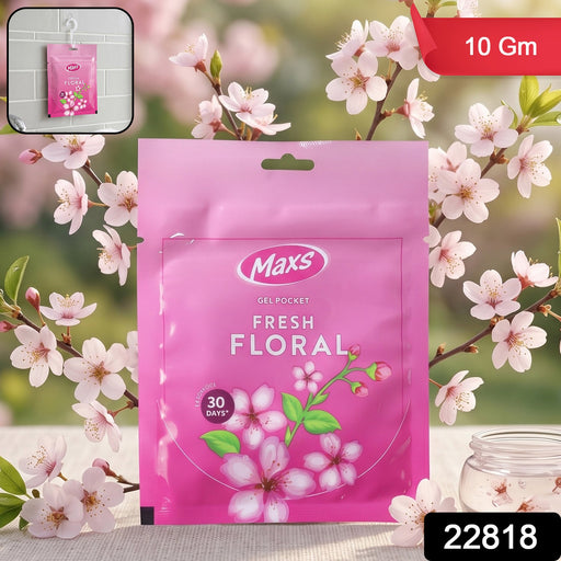 Compact Maxs Gel Air Freshener with a refreshing floral breeze fragrance.