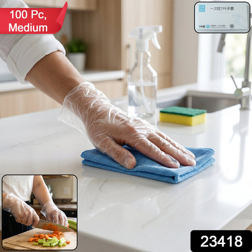 Disposable kitchen gloves in use for cleaning