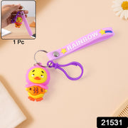 Close-up image of cartoon duck key ring with clip for bags