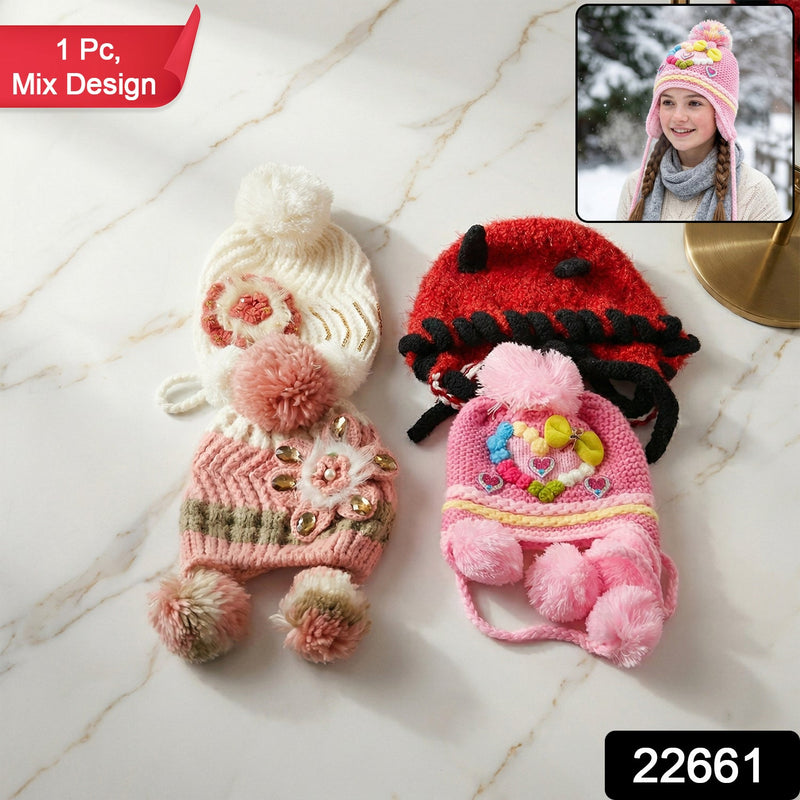 Woolen ear flap winter hat with adjustable tie for children
