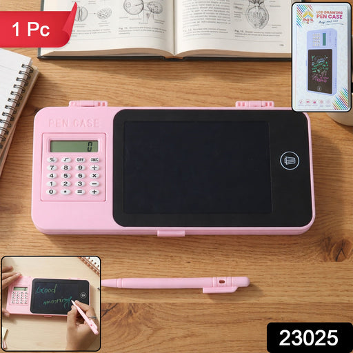 Calculator integrated in portable pencil case for quick calculations