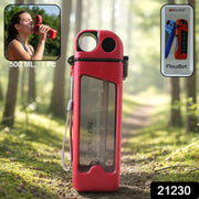 Portable gym water bottle in red with transparent body and measurement scale