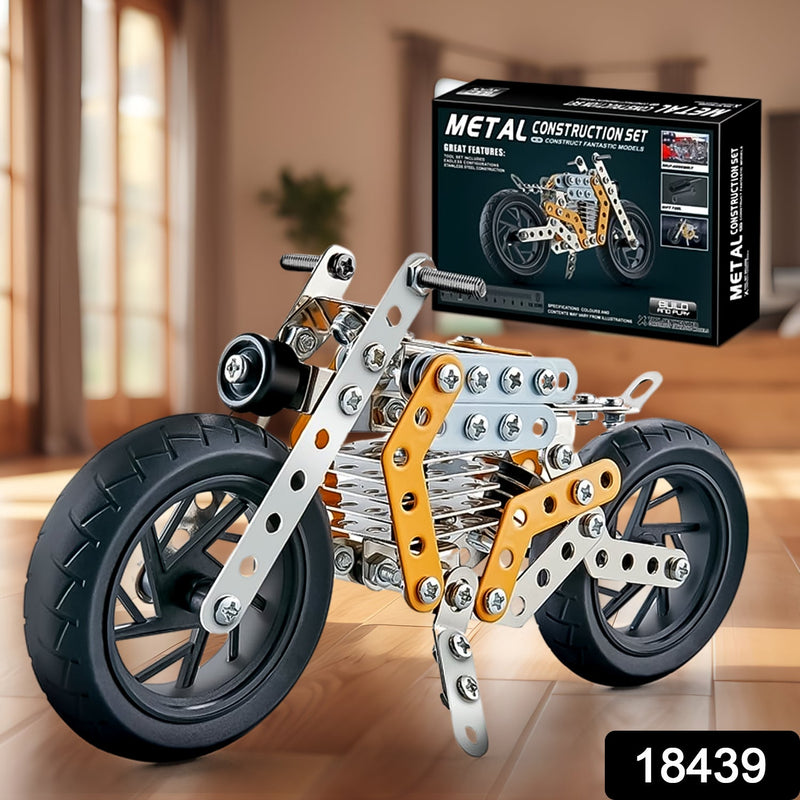 Detailed view of metal building blocks and tools included in the DIY bike kit.