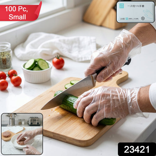 Disposable kitchen gloves in clear plastic for food and cleaning tasks