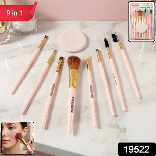 Assorted 9-in-1 makeup brushes and face puff laid out on white background