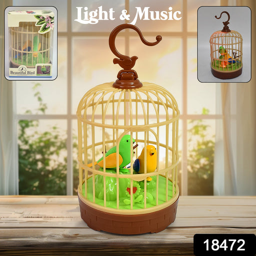 Close-up of the interactive chirping bird toy with flapping wings inside its cage.