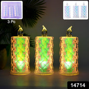 Battery-operated LED flameless candle lights with glowing multicolor flames