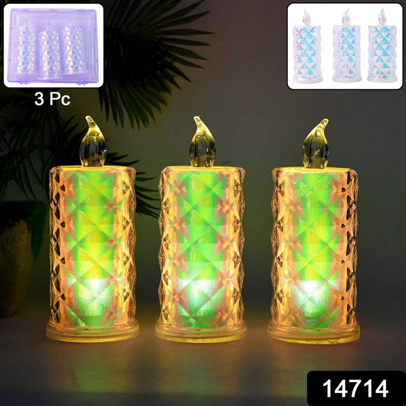 Battery-operated LED flameless candle lights with glowing multicolor flames